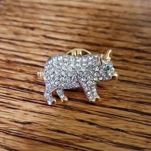Vintage Goldtone Rhinestone Crystal Pig Brooch Pin